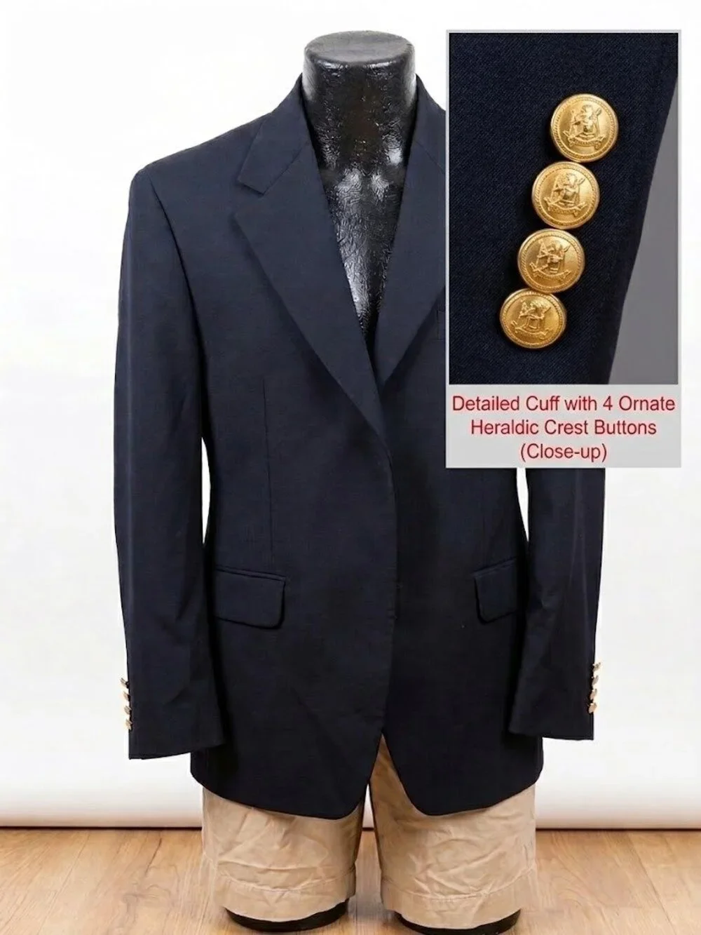 Ralph Lauren Mens 36S Navy 100% Wool Blazer Gold Crest Buttons